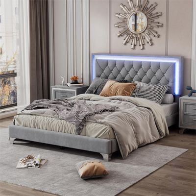 Aiuyesuo Queen Size Upholstered Platform Bed with LED Lights,Modern Velvet Platform Bed with Crystal Tufted Headboard, Solid Wood Platform Bed Frame with Strong Slats and Metal Legs (Gray-P01A)