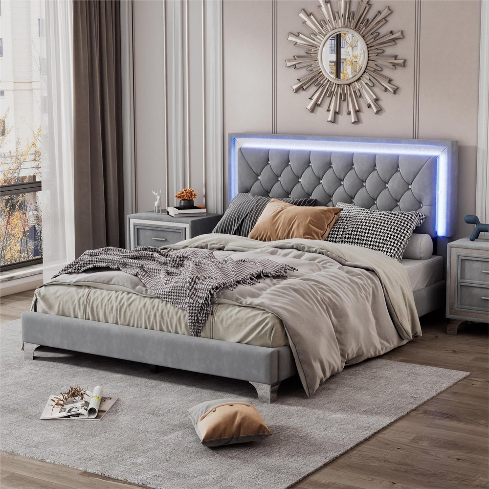 Aiuyesuo Queen Size Upholstered Platform Bed with LED Lights,Modern Velvet Platform Bed with Crystal Tufted Headboard, Solid Wood Platform Bed Frame with Strong Slats and Metal Legs (Gray-P01A)