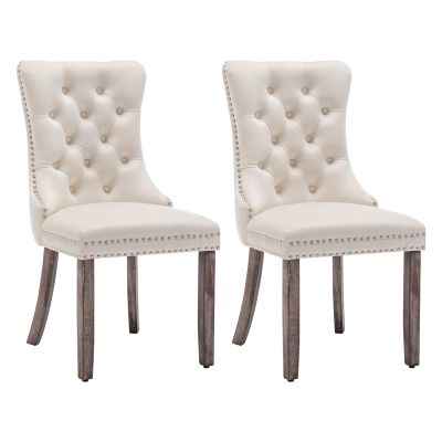 Eifizek Velvet Dining Chairs Set of 2, Tufted Dining Room Chairs with Nailhead Ring Pull Trim, Upholstered Dining Chairs with Solid Wood Legs for Kitchen Dining Room (Beige)