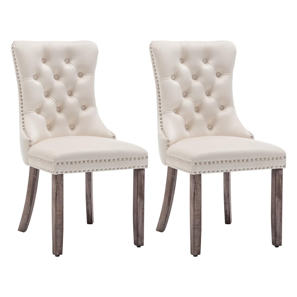 Eifizek Velvet Dining Chairs Set of 2, Tufted Dining Room Chairs with Nailhead Ring Pull Trim, Upholstered Dining Chairs with Solid Wood Legs for Kitchen Dining Room (Beige)