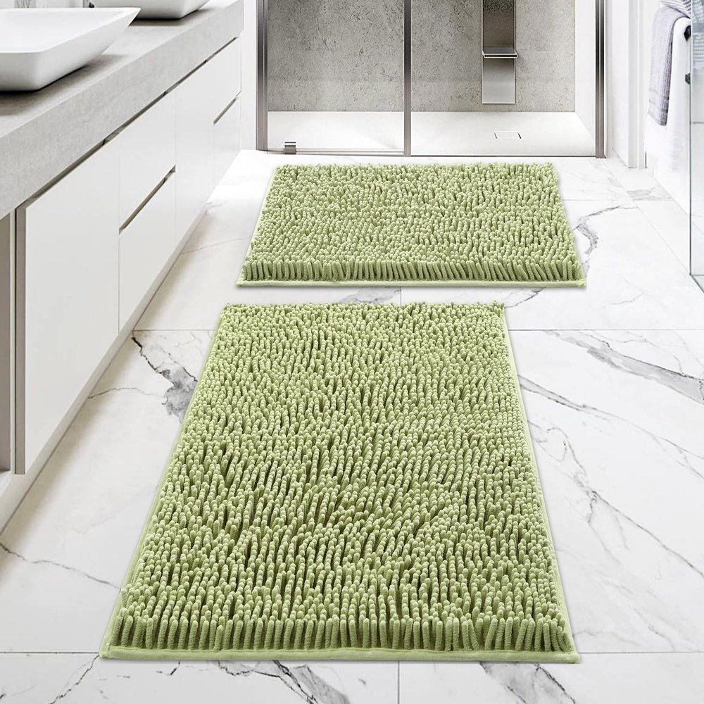 MitoVilla Sage Green Bathroom Rug Set, 2 Piece Chenille Bath Mats, Non Slip, Thick Washable Plush Bath Rugs, Soft Shower Floor Mat, 17" x 24" + 20" x 32