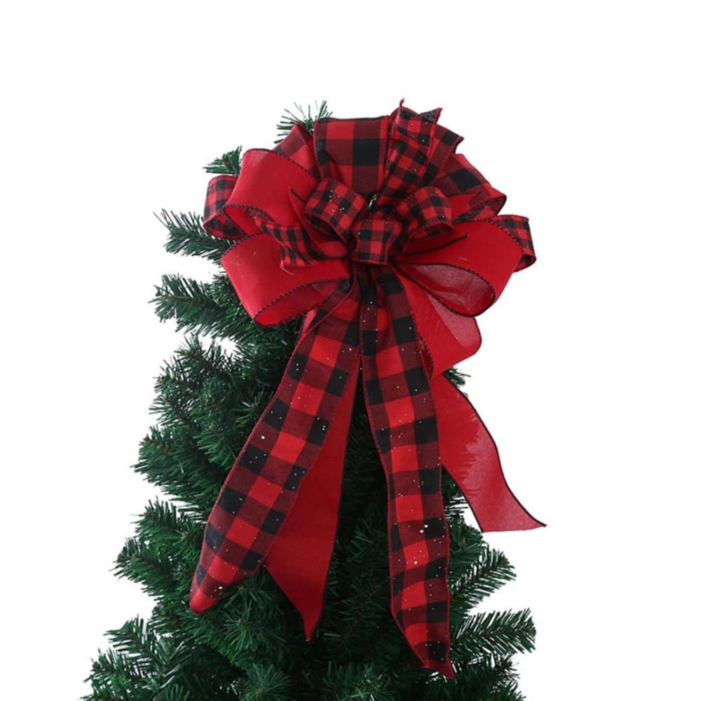 Christmas Tree Topper Bow 23x13 Inches Toppers Bow Christmas Tree Topper for Family Wedding Birthday Party Indoor Outdoor Thanksgiving Christmas Decoration (Red and Black Checkered)