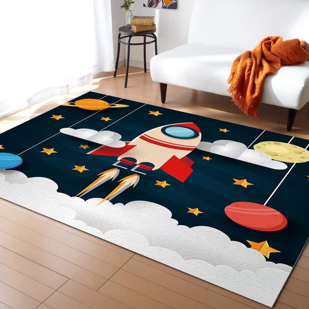 BOWESI Runner Rugs 2x4ft, Cartoon Rocket Lift Off Kids Rugs, Cute Space Exploration Nursery Classroom Rug, Prevent Floor Scratches for Decor Teen Boys Room Floor Lounge Nursery School
