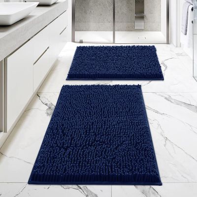 MitoVilla Navy Bathroom Rugs 2 Piece Set - 17" x 24" + 20" x 32", Non-Slip Extra Soft Absorbent Chenille Bath Rugs, Navy Blue Quick Dry Shaggy Shower Bathroom Floor Mat