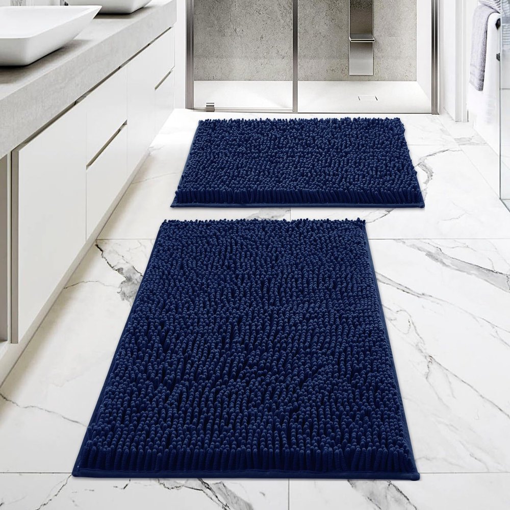 MitoVilla Navy Bathroom Rugs 2 Piece Set - 17" x 24" + 20" x 32", Non-Slip Extra Soft Absorbent Chenille Bath Rugs, Navy Blue Quick Dry Shaggy Shower Bathroom Floor Mat