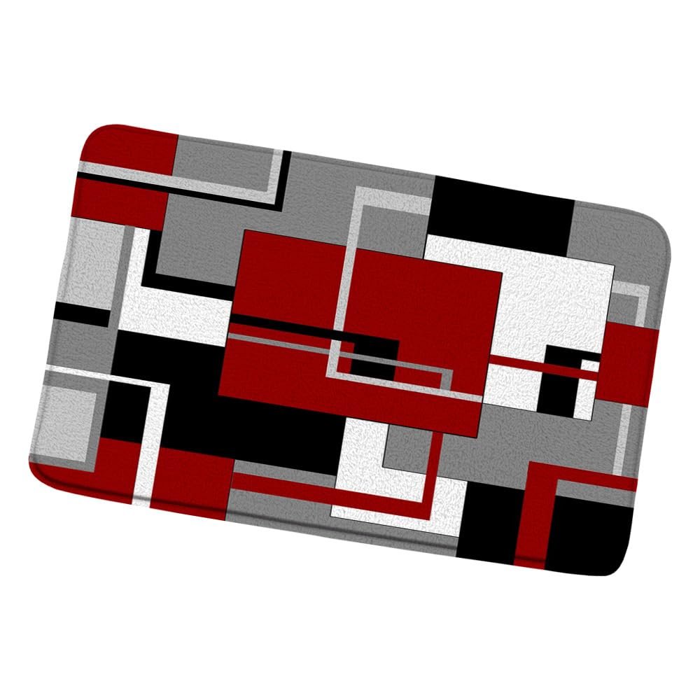 Red Geometric Bath Mat Black White and Gray Abstract Minimalist Line Geometry Mid Century Bathroom Rugs Shower Mat Bedroom Kitchen Carpet 17.8x29.5 in