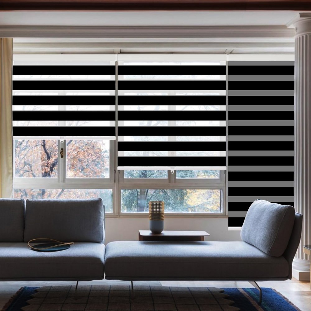 Zebra Blinds for Windows,Custom Size Cordless Zebra Roller Window Blinds, Dual Layer Blackout Roller Shades,Day and Night Blinds for Door,Office,Black,74 1/8" W x [20" H to 98" H Customize]