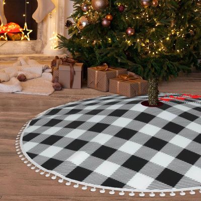 30" Christmas Tree Skirt Black and White Grid Christmas Tree Decorations Waterproof Xmas Tree Mat with Pom Pom Trim for Holiday Christmas Party Rustic Farmhouse Decorations