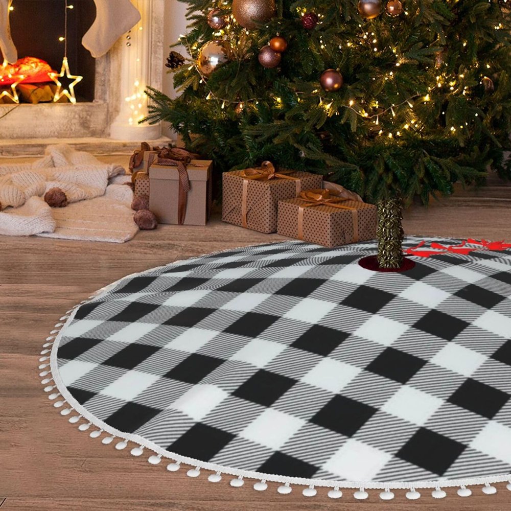 30" Christmas Tree Skirt Black and White Grid Christmas Tree Decorations Waterproof Xmas Tree Mat with Pom Pom Trim for Holiday Christmas Party Rustic Farmhouse Decorations