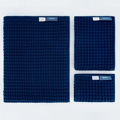 KOSMU Luxury Organic Japanese Cotton Waffle Bath Towel | Thick, Absorbent, Quick Dry Bathroom Towels for Shower, Sauna, Onsen| Hotel & Spa Quality, Gift-Ready (Ocean Blue, Bath Towel Set (3-Piece))