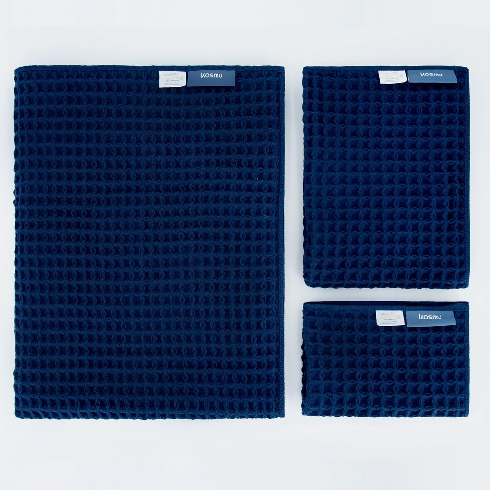 KOSMU Luxury Organic Japanese Cotton Waffle Bath Towel | Thick, Absorbent, Quick Dry Bathroom Towels for Shower, Sauna, Onsen| Hotel & Spa Quality, Gift-Ready (Ocean Blue, Bath Towel Set (3-Piece))