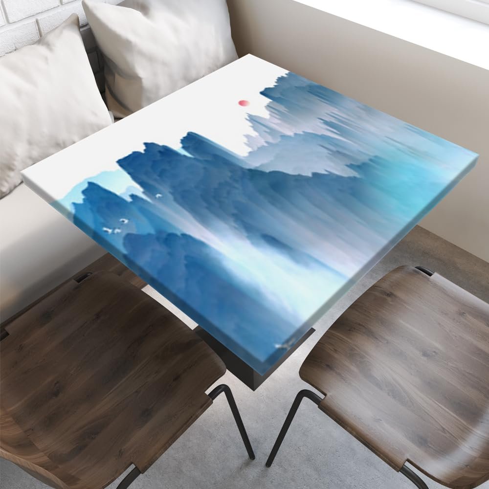 Classical Landscape Painting Square Table, Ink Style, Elastic Edge, Suitable for Table Decoration, Buffet and Camping, Fit for 62"x62" Square Table