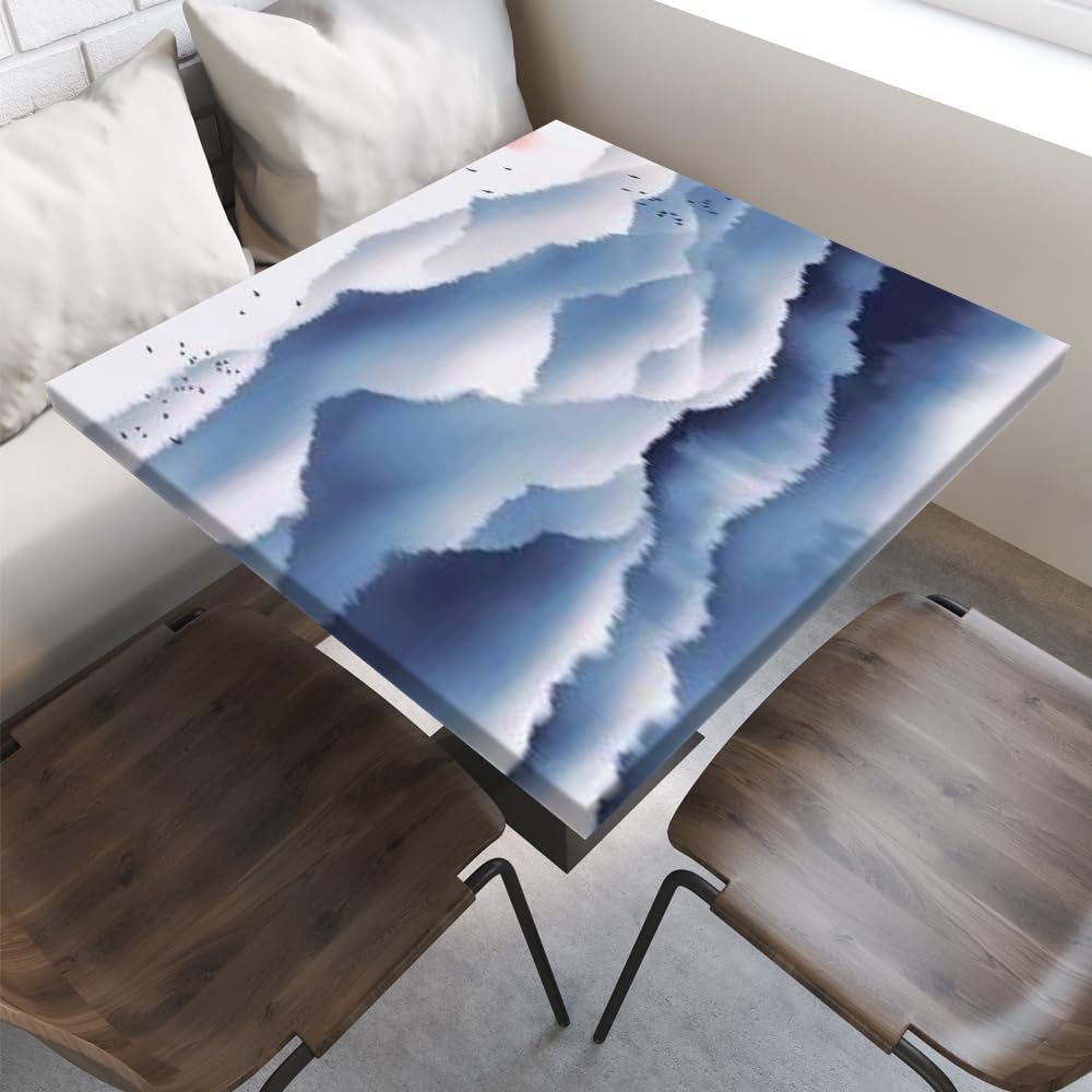 Classical Landscape Painting Square Table, Ink Style, Elastic Edge, Suitable for Table Decoration, Buffet and Camping, Fit for 44"x44" Square Table