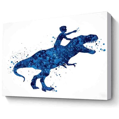MBARE Canvas Wall Art Watercolor,Dinosaur Rider Boy Watercolor Print Little Boy And Art Gift Birthday Party Boys Room Decor Wall Art Nursery Decor Wall Hanging~-12"X18" Canvas Print With Frame