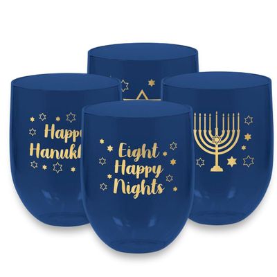 Stunning Blue Hanukkah Stemless Plastic Drinking Glasses - 15.2oz (Set of 6) | Perfect for Holiday Celebrations
