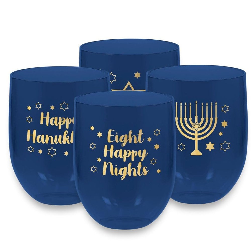 Stunning Blue Hanukkah Stemless Plastic Drinking Glasses - 15.2oz (Set of 6) | Perfect for Holiday Celebrations