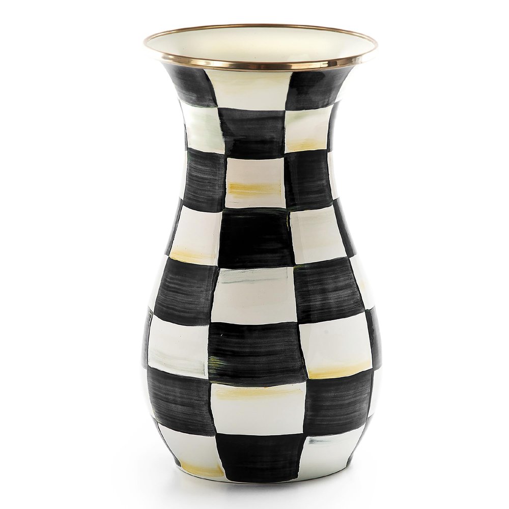 MACKENZIE-CHILDS Tall Enamel Vase, Unique Flower Vase, Decorative Table Decor for Living Room, Black-and-White Courtly Check