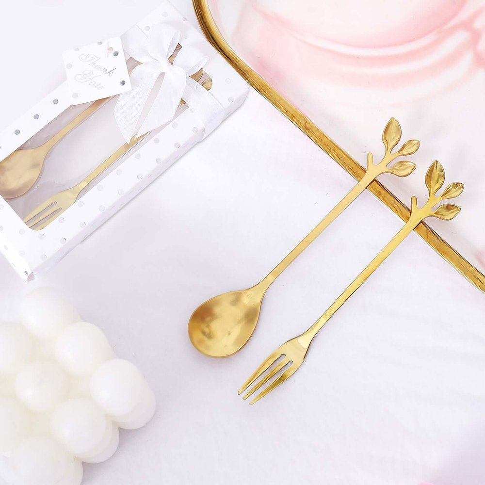 Efavormart Gold Metal Spoon & Fork Pre-Packed Wedding Favor Set With Leaf Shaped Handle, Bridal Shower Souvenir Gift Box - 5"