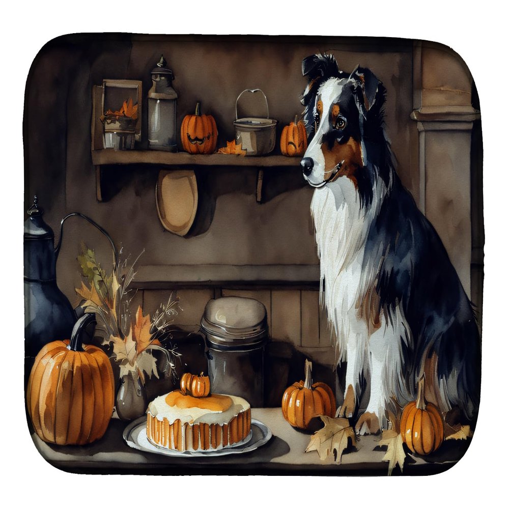 Caroline's Treasures DAC1728DDM Australian Shepherd Fall Kitchen Pumpkins Dish Drying Mat Absorbent Dish Drying Mat Pad for Kitchen Counter Dish Drainer Mat for Countertop, 14 x 21", Multicolor