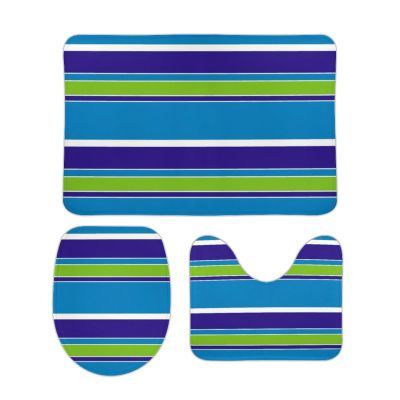 3 Pieces Bath Rug Sets, White Blue Lime Green Modern Summer Stripe Pattern Bathroom Mats Non Slip & Soft Absorbent Bath Carpet, U Shaped Contour Rug & Toilet Lid Cover