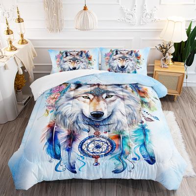 AILONEN Wolf Comforter Set - Full Size, Native American Wolf Printed Duvet Set, 3 Pieces (1 Quilt, 2 Pillowcases) with Dream Catcher Bedding Set