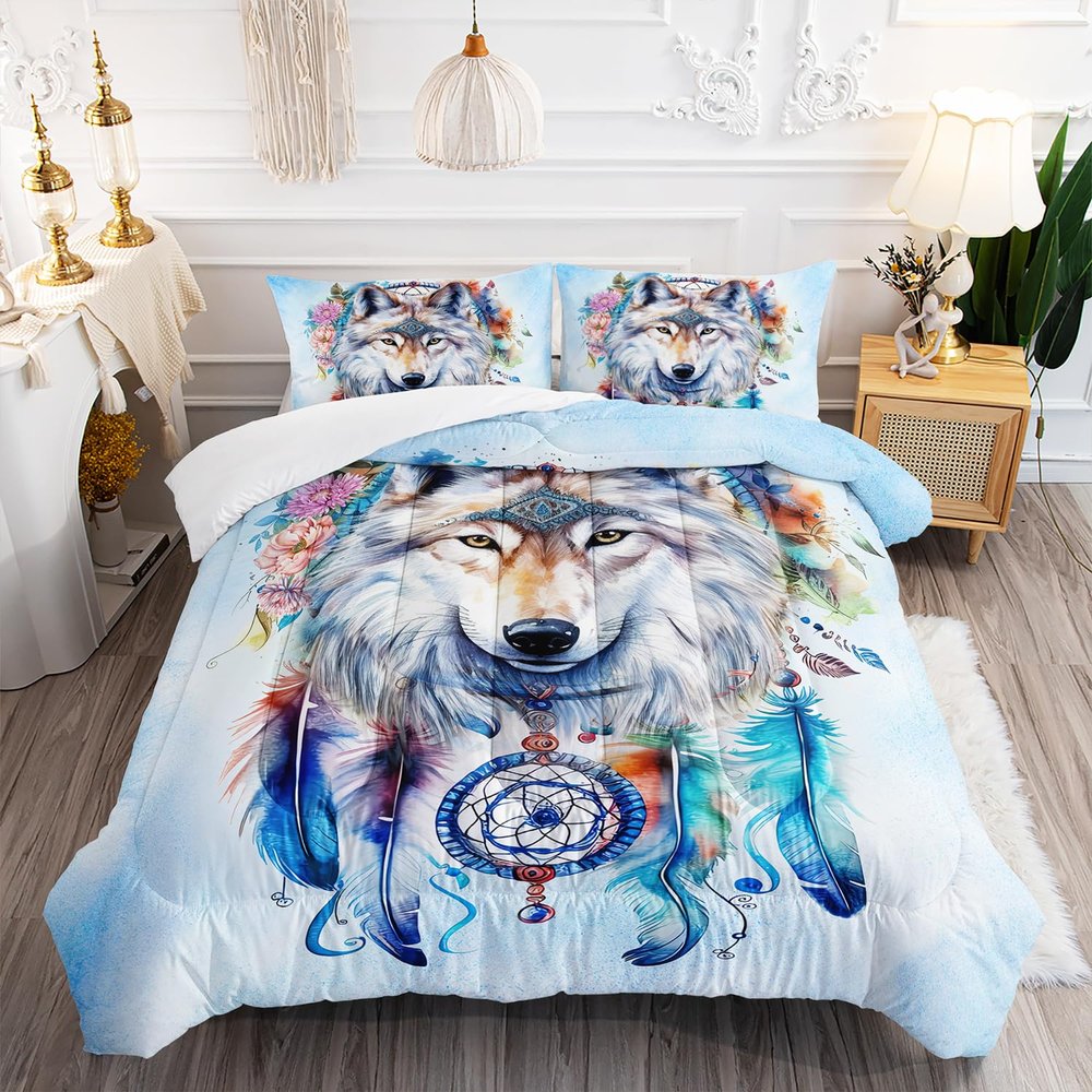 AILONEN Wolf Comforter Set - Full Size, Native American Wolf Printed Duvet Set, 3 Pieces (1 Quilt, 2 Pillowcases) with Dream Catcher Bedding Set