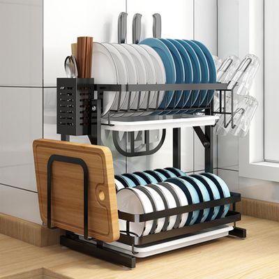 ANram Dish Rack, Dish Drying Rack Organizer Storage Shelf Over The Sink, 2 Tier Foldable Bowl Holder with Drain Tray, Stainless Steel Black Coating