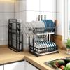 ANram Dish Rack, Dish Drying Rack Organizer Storage Shelf Over The Sink, 2 Tier Foldable Bowl Holder with Drain Tray, Stainless Steel Black Coating view 2