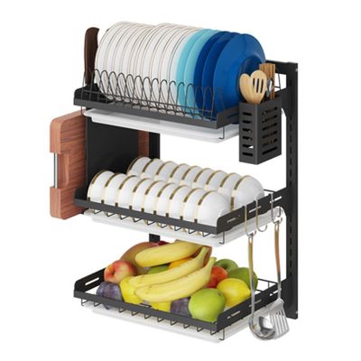ANram Stainless Steel Dish Rack, Dish Drying Rack, Large Drying Rack for Kitchen, Dish Drainer with Utensil Holder - Black (3-Tier)