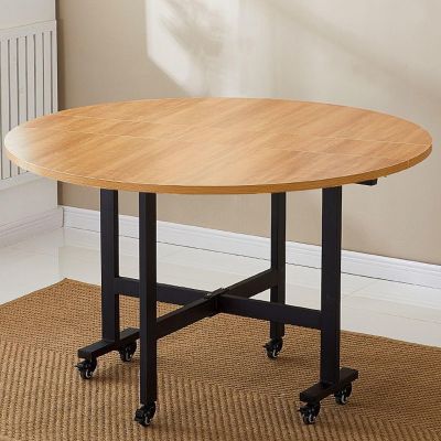 Mobile Folding Dining Table, Round Drop-Leaf Folding Dining Table, Versatile Dinner Table with 6 Wheels, Sturdy Metal Frame, for Small Space Dining Room Kitchen (Color : E, Size : 100cm/39.3in)
