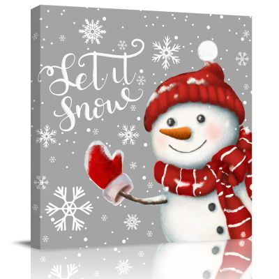 16x16 Inch Wall Prints Giclee Canvas Painting - Cute Snowman Snowflakes Gray Background Painting Pictures Print on Canvas Framed Wall Art Modern Artwork for Home Decorations