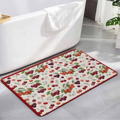 Cherry Diatomite Bath Mat for Bathroom,Super Absorbent Floor Mat Washable Quick Drying Diatomaceous Mat for Bathroom Shower Floor Runner Rugs 24x36 White Spring Floral Green Leaf Botanical Red Lace