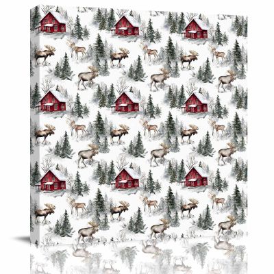 28x28 Inch Wall Prints Giclee Canvas Painting - Farmhouse Watercolor Christmas Barn Elk Painting Pictures Print on Canvas Framed Wall Art Modern Artwork for Home Decorations