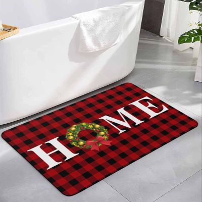 Christmas Diatomite Bath Mat for Bathroom, Super Absorbent Floor Mat Washable Quick Drying Diatomaceous Mat for Bathroom Shower Sink Floor Runner Rugs 18x30 Red Black Plaid Winter Home Xmas Wreath