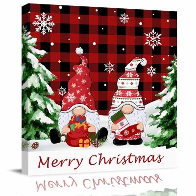 8x8 Inch Wall Prints Giclee Canvas Painting - Christmas Gnomes Xmas Tree Snowflakes Black Red Buffalo Check Plaid Painting Pictures Print on Canvas Framed Wall Art Modern Artwork for Home Decorations