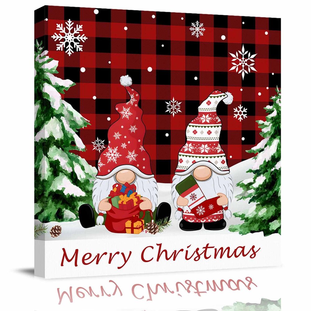 8x8 Inch Wall Prints Giclee Canvas Painting - Christmas Gnomes Xmas Tree Snowflakes Black Red Buffalo Check Plaid Painting Pictures Print on Canvas Framed Wall Art Modern Artwork for Home Decorations