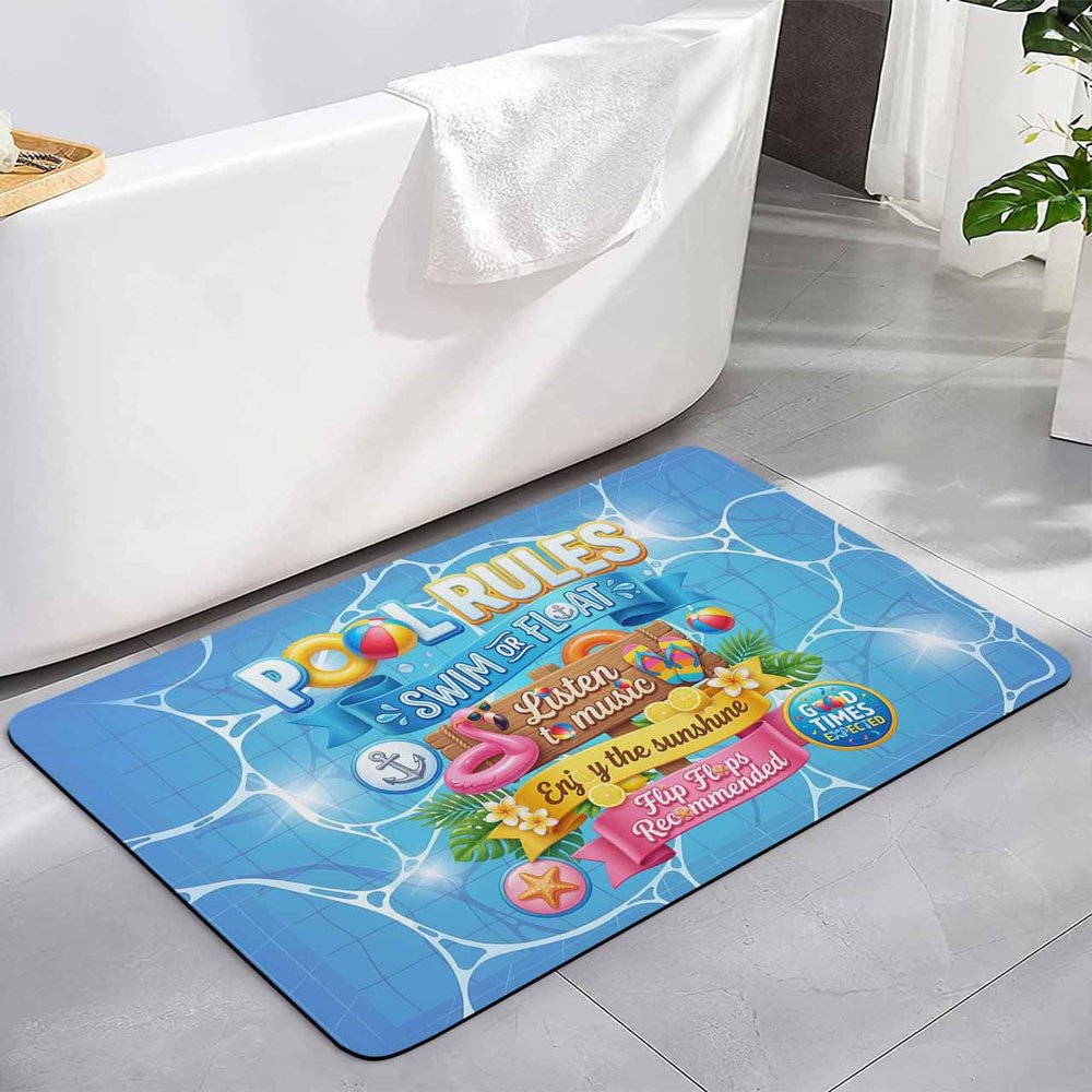Pool Rules Diatomite Bath Mat for Bathroom,Absorbent Floor Mat Washable Quick Drying Diatomaceous Mat for Bathroom Shower Floor Runner Rugs 20x32 Blue Summer Beach Nautical Coastal Starfish Anchor