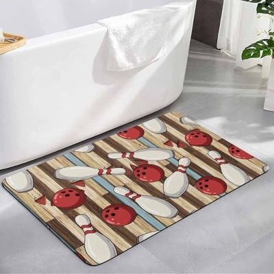 Bowling Sport Diatomite Bath Mat for Bathroom, Super Absorbent Floor Mat Washable Quick Drying Diatomaceous Mat for Bathroom Shower Sink Floor Runner Rugs 20x32 Purpel Brown Striped Red Ball Geometric