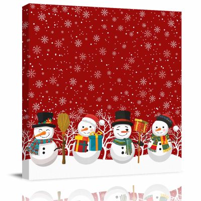 12x12 Inch Wall Prints Giclee Canvas Painting - Merry Christmas Four Snowmen and Snowflakes Red Painting Pictures Print on Canvas Framed Wall Art Modern Artwork for Home Decorations