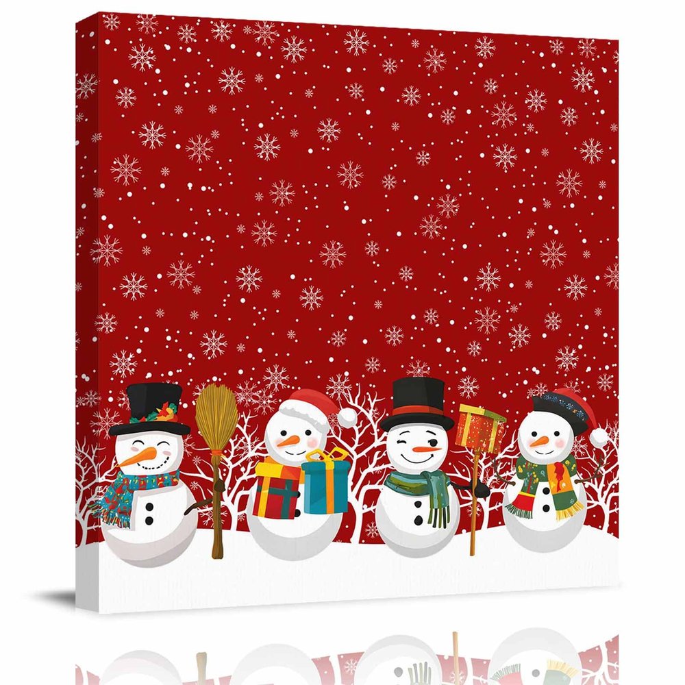 12x12 Inch Wall Prints Giclee Canvas Painting - Merry Christmas Four Snowmen and Snowflakes Red Painting Pictures Print on Canvas Framed Wall Art Modern Artwork for Home Decorations