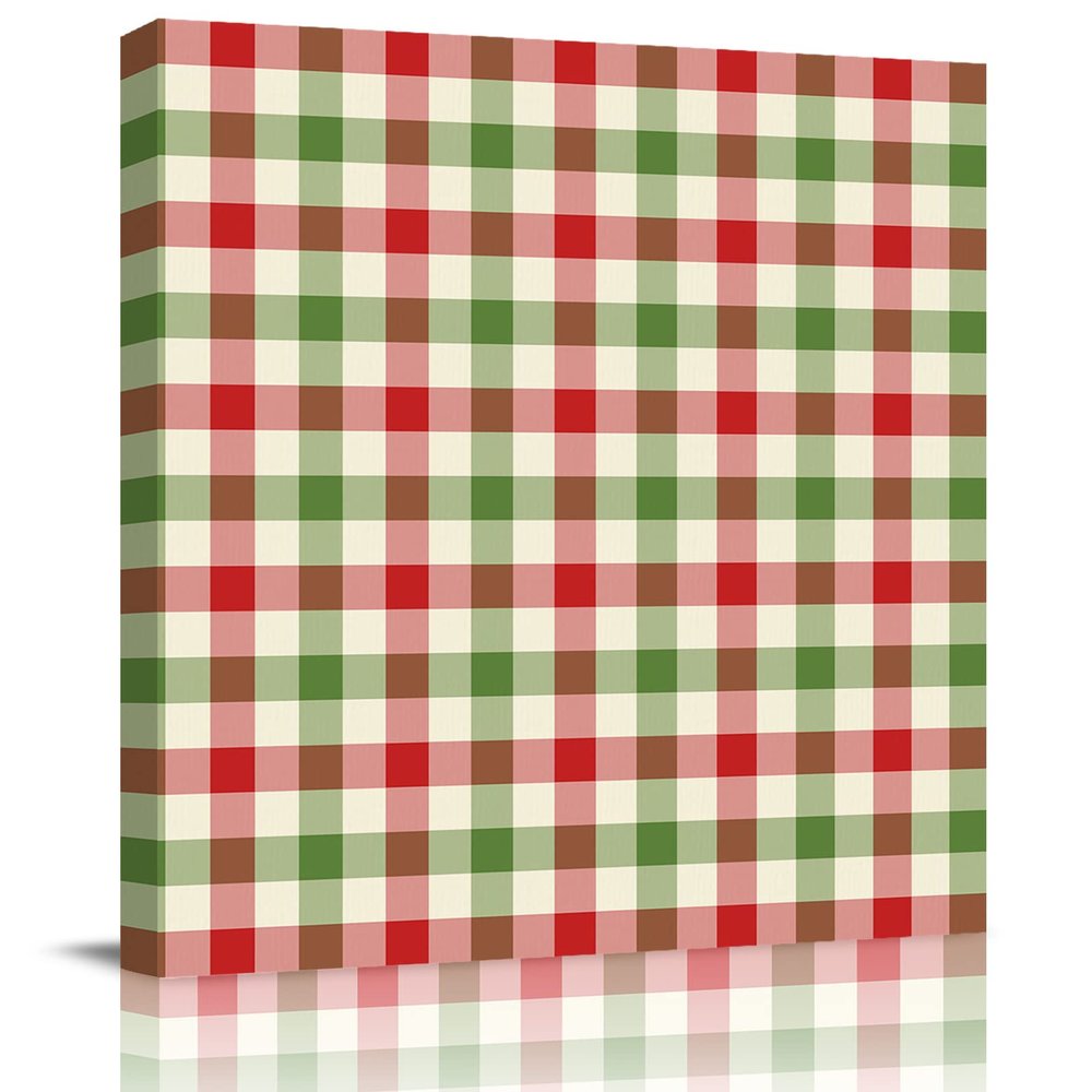 16x16 Inch Wall Prints Giclee Canvas Painting - Christmas Retro Art Red and Green Plaid Painting Pictures Print on Canvas Framed Wall Art Modern Artwork for Home Decorations