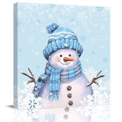 12x12 Inch Wall Prints Giclee Canvas Painting - Christmas Scarf Snowman Snowflakes Blue Painting Pictures Print on Canvas Framed Wall Art Modern Artwork for Home Decorations