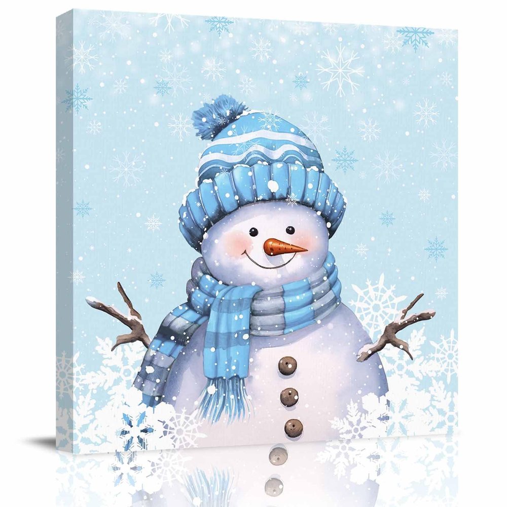 12x12 Inch Wall Prints Giclee Canvas Painting - Christmas Scarf Snowman Snowflakes Blue Painting Pictures Print on Canvas Framed Wall Art Modern Artwork for Home Decorations