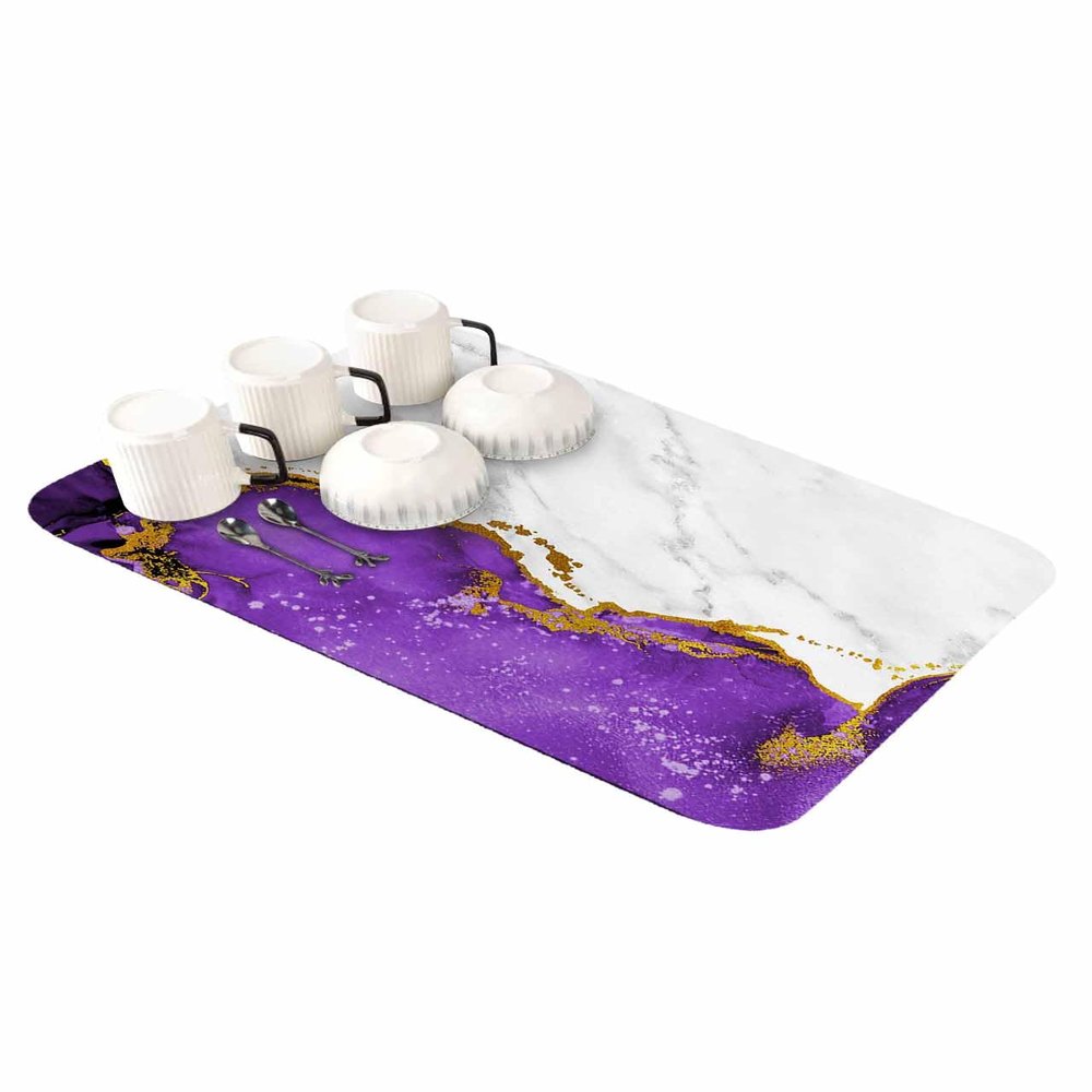 Purple Marble Dish Drying Mat for Kitchen Counter, Super Absorbent Quick Dry Coffee Bar Mat Pad Thin Diatomaceous Sink Mat Non Slip Dish Drainer Mat 16x24 Grey Ombre Modern Abstract Art Ink Painted