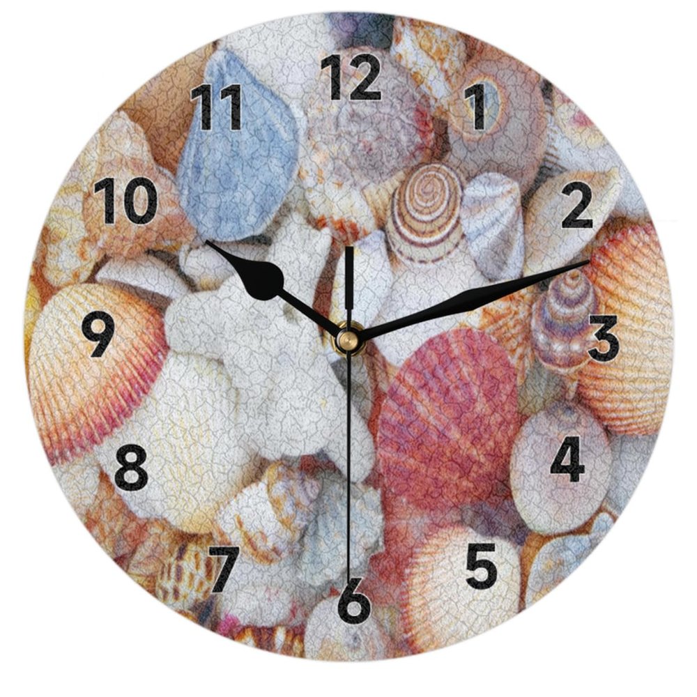 bisibuy Beach Seashells Wall Clock Decorative Round 12 Inch Cute Wall Clocks Battery Operated for Kitchen Living Room Bedroom Bathroom Office Home Decor