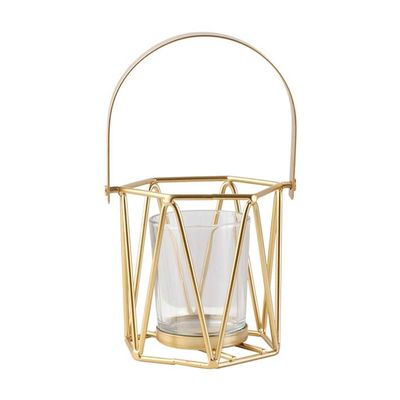 HEXEH Candlestick Holders Gold Geometric Candle Holder, Metal Pillar Candle Stand with Glass Cup and Handle, Candlestick Holder for Wedding Centerpiece Table Decor Decorative Candlestick Holder