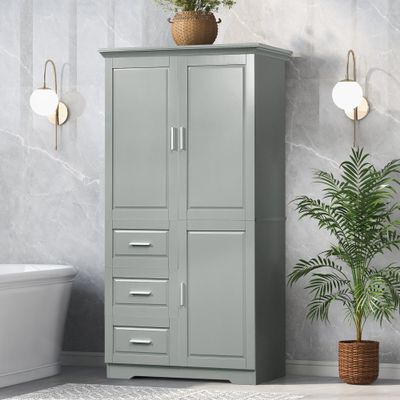 Polibi Tall Storage Cabinet, Modern Freestanding Pantry with 3 Doors, Adjustable Shelves and 3 Storage Drawers for Kitchen/Bathroom/Living Room/Office, Grey