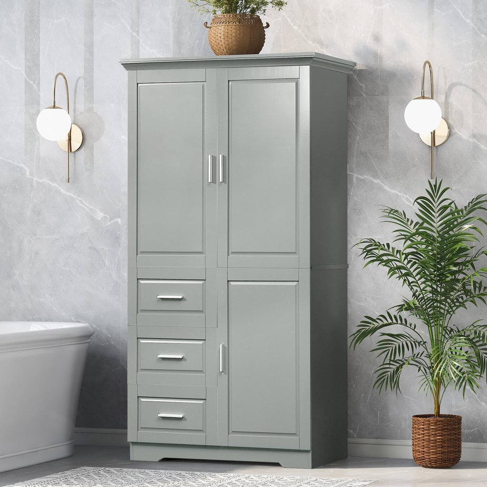 Polibi Tall Storage Cabinet, Modern Freestanding Pantry with 3 Doors, Adjustable Shelves and 3 Storage Drawers for Kitchen/Bathroom/Living Room/Office, Grey