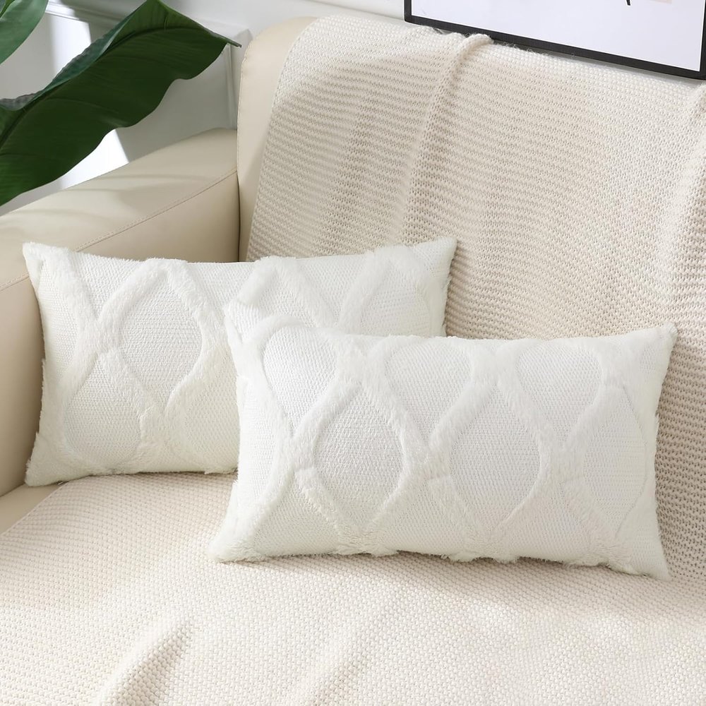 decorUhome Spring Throw Pillow Covers 12x20 Inch Set of 2, Soft Plush Faux Fur Wool Lumbar Cream White Accent Couch Pillow Covers for Modern Farmhouse Bed Sofa Living Room