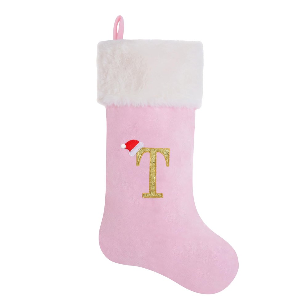 AUAWMLK 20-Inch Letter Embroidered Christmas Stocking Thick and Luxurious Pink Velvet with Super Soft Plush Cuff Personalized Festival Decoration for Xmas and New Year Party(Letter T)